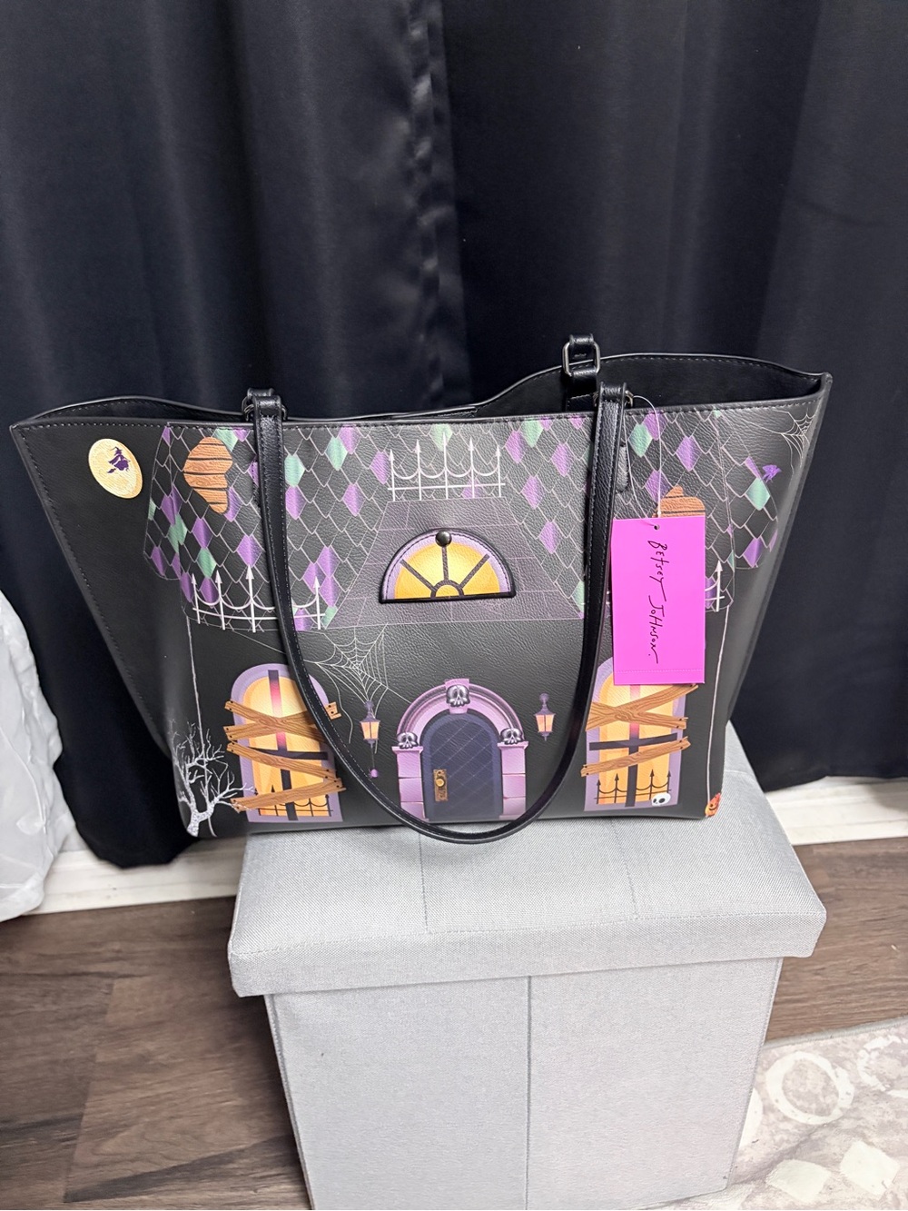 Betsey Johnson Black Tote with Purple & Orange Haunted House Print